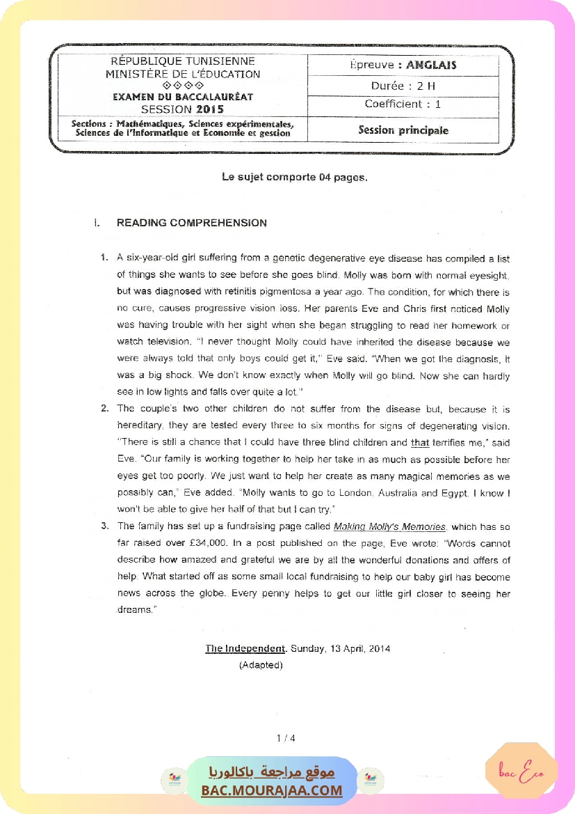 Sujet principale anglais Bac 2015 – Section eco